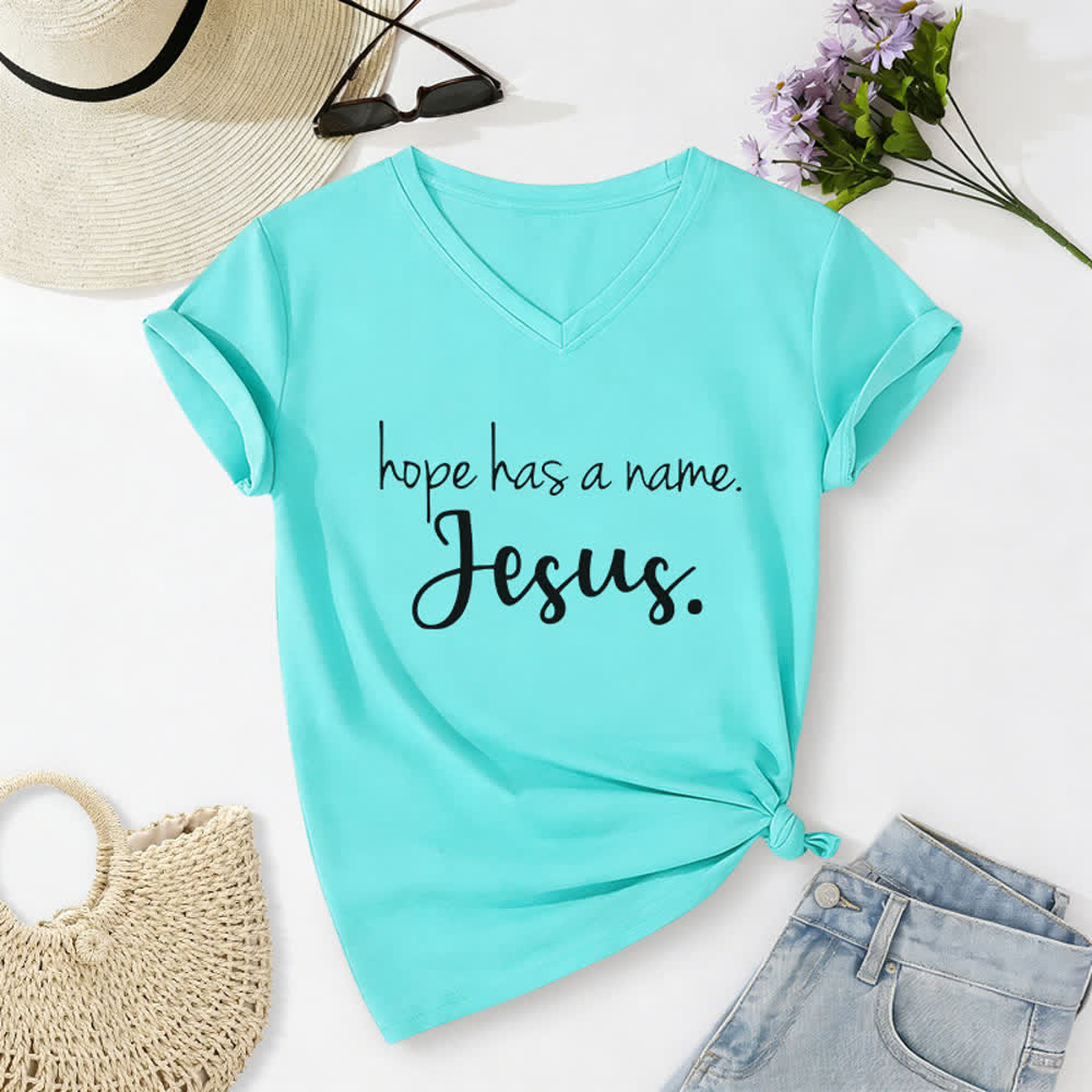 Christianartworkshop Hope Has A Name Jesus Print V-Neck T-Shirt - Himmelblau - 2XL - image 0