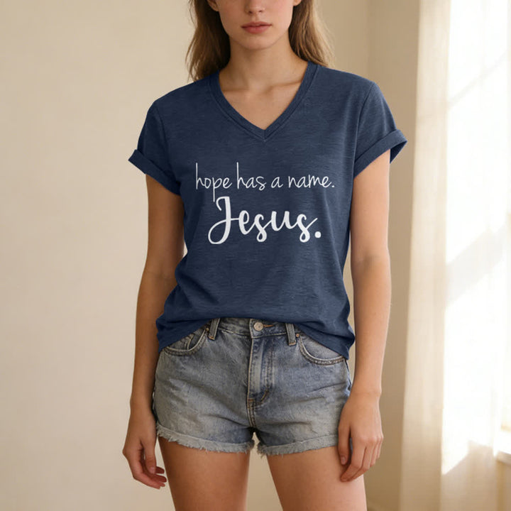 Christianartworkshop Hope Has A Name Jesus Print V-Neck T-Shirt - image 17