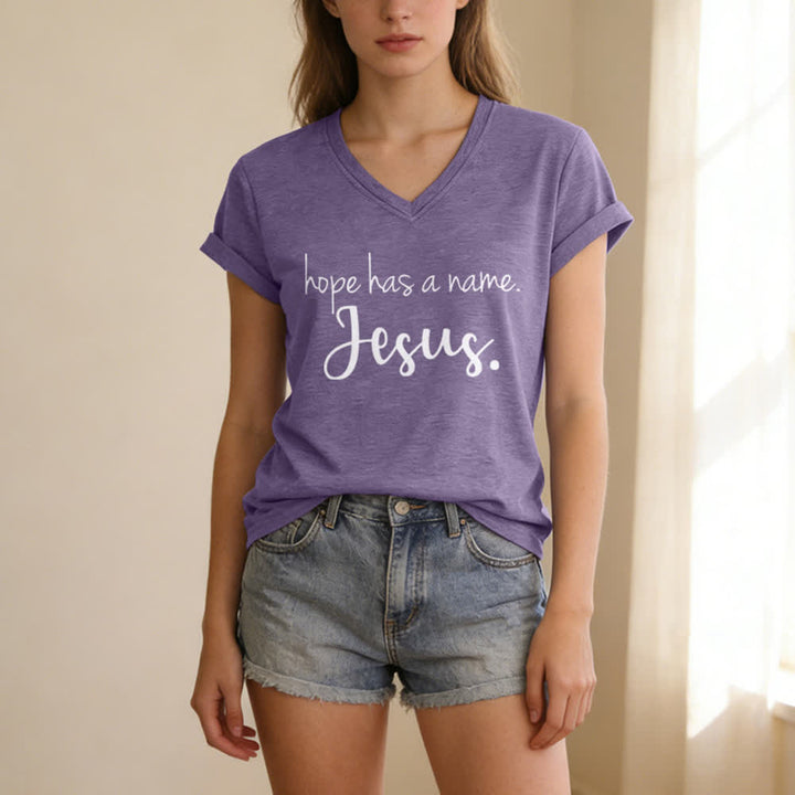 Christianartworkshop Hope Has A Name Jesus Print V-Neck T-Shirt - image 25