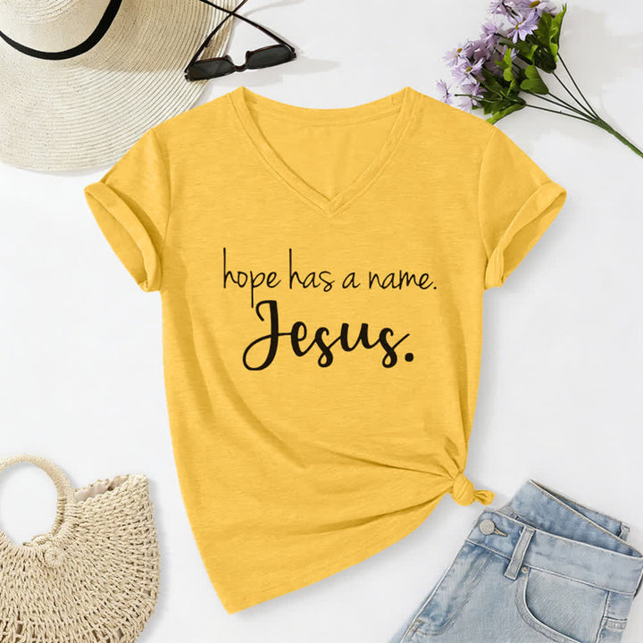 Christianartworkshop Hope Has A Name Jesus Print V-Neck T-Shirt - image 10