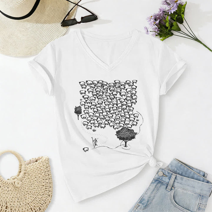 Christianartworkshop T-Shirt mit Schafsherde-Grafikdruck und V-Ausschnitt - Weiß - 2XL - image 4