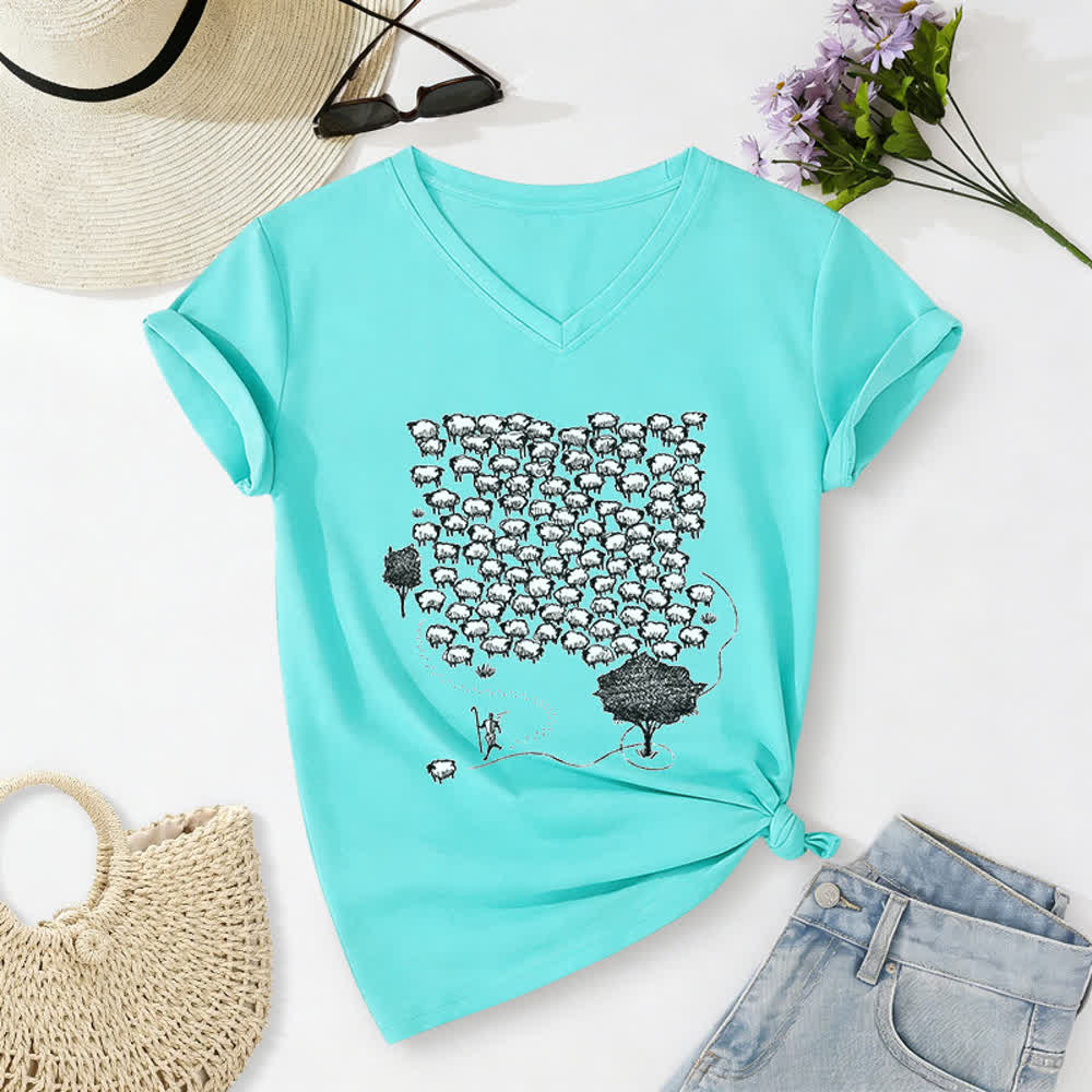 Christianartworkshop T-Shirt mit Schafsherde-Grafikdruck und V-Ausschnitt - Himmelblau - 2XL - image 14