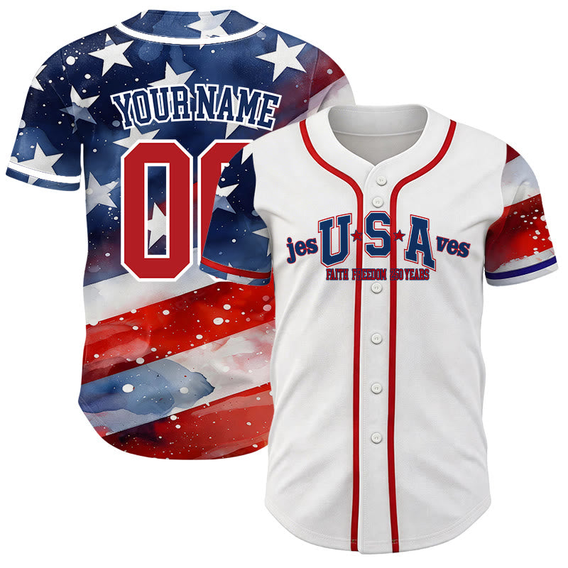 Personalisiertes Baseballtrikot „Jesus rettet die USA“ von Christianartworkshop – Patriotisches Baseballtrikot mit Glaubens- und Freiheit - 5XL - Name & Nummer angepasst - image 0