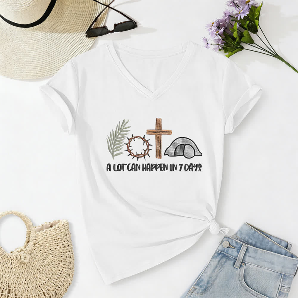 Christianartworkshop Ostern Glaube Viel kann in 7 Tagen passieren Druck V-Ausschnitt T-Shirt - Weiß - 2XL - image 0