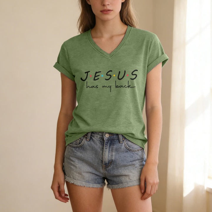 Christianartworkshop Damen-T-Shirt mit V-Ausschnitt und Aufdruck „Jesus Has My Back“ - image 13