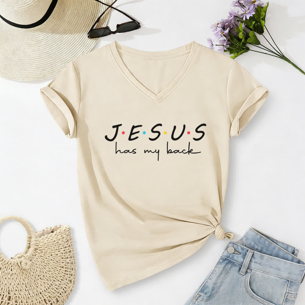 Christianartworkshop Damen-T-Shirt mit V-Ausschnitt und Aufdruck „Jesus Has My Back“ - Beige - 2XL - image 8