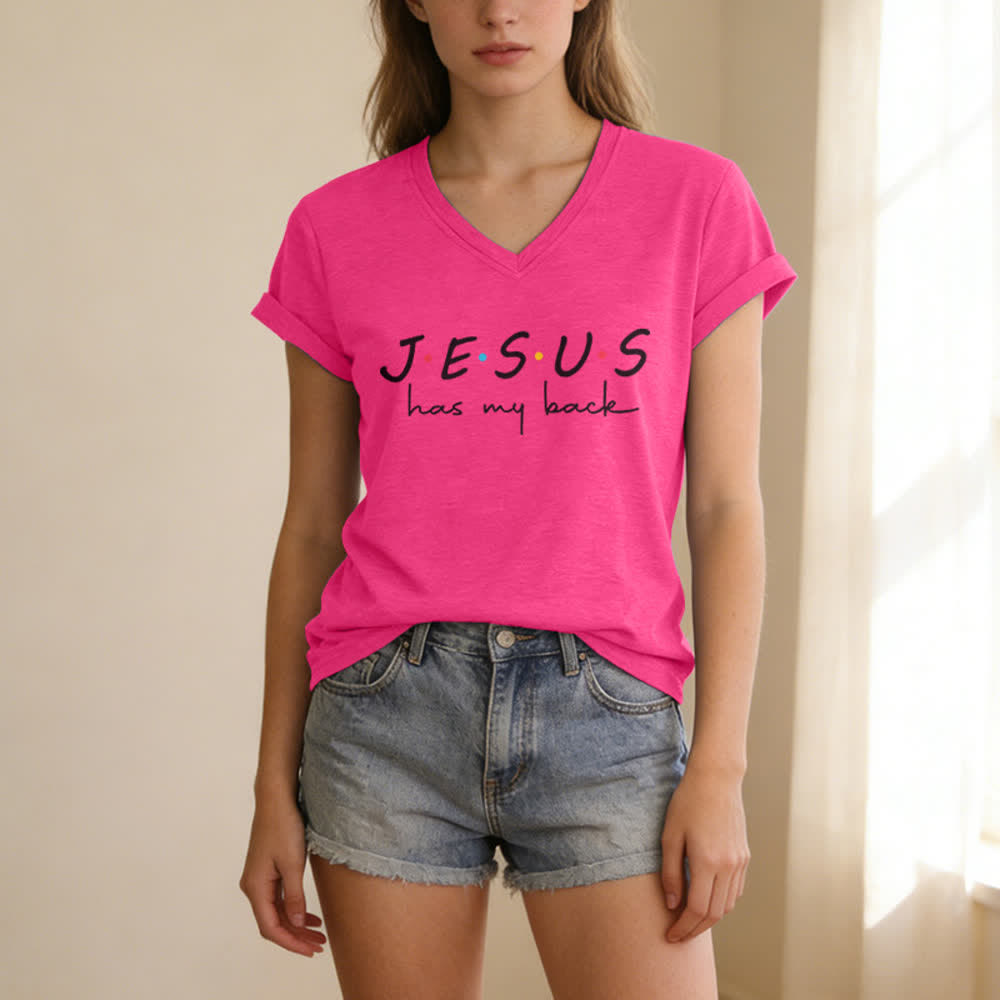 Christianartworkshop Damen-T-Shirt mit V-Ausschnitt und Aufdruck „Jesus Has My Back“ - image 1