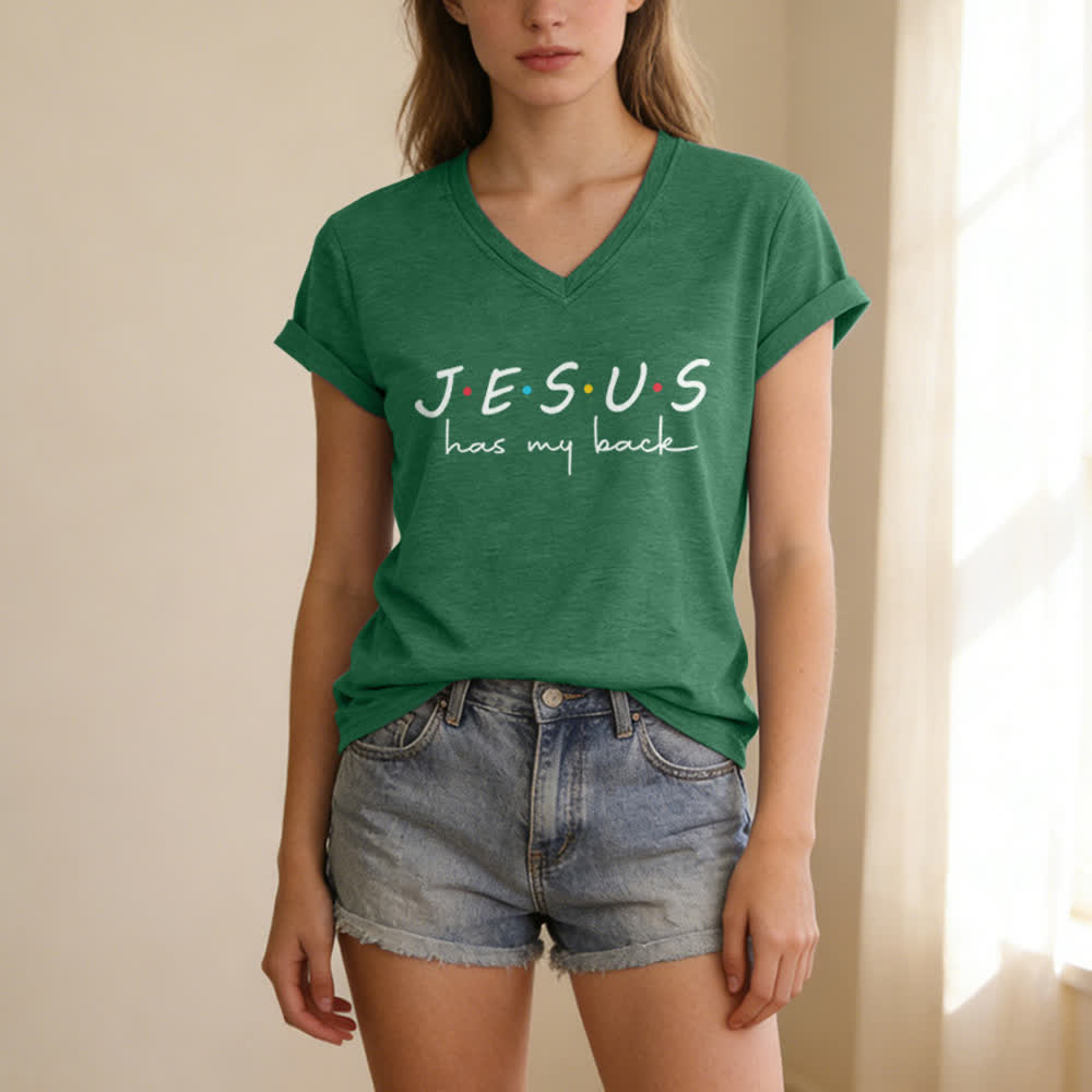 Christianartworkshop Damen-T-Shirt mit V-Ausschnitt und Aufdruck „Jesus Has My Back“ - image 15