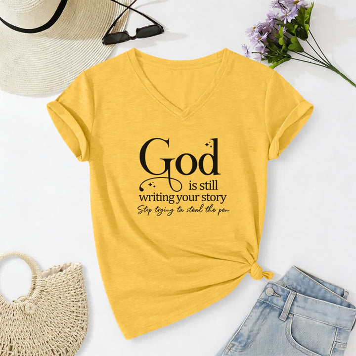 Christianartworkshop T-Shirt für Frauen mit V-Ausschnitt und Aufdruck „Gott schreibt noch immer deine Geschichte“ - Gelb - 2XL - image 10