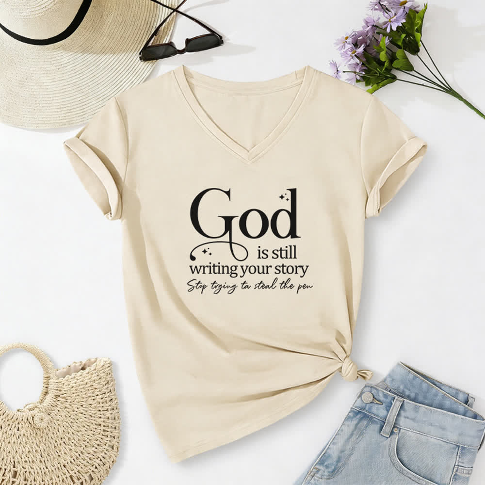 Christianartworkshop T-Shirt für Frauen mit V-Ausschnitt und Aufdruck „Gott schreibt noch immer deine Geschichte“ - Beige - 2XL - image 8