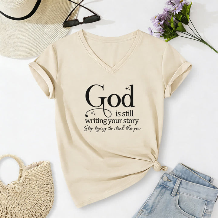 Christianartworkshop T-Shirt für Frauen mit V-Ausschnitt und Aufdruck „Gott schreibt noch immer deine Geschichte“ - Beige - 2XL - image 8