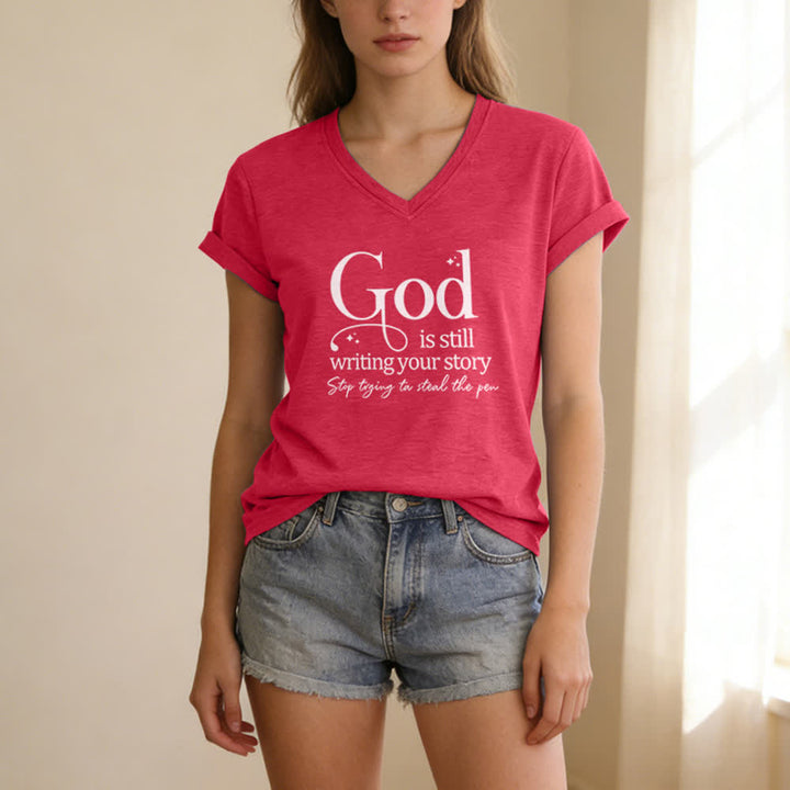 Christianartworkshop T-Shirt für Frauen mit V-Ausschnitt und Aufdruck „Gott schreibt noch immer deine Geschichte“ - image 23