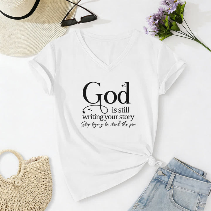 Christianartworkshop T-Shirt für Frauen mit V-Ausschnitt und Aufdruck „Gott schreibt noch immer deine Geschichte“ - Weiß - 2XL - image 4
