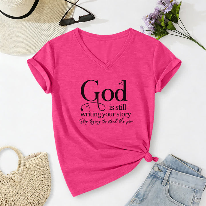 Christianartworkshop T-Shirt für Frauen mit V-Ausschnitt und Aufdruck „Gott schreibt noch immer deine Geschichte“ - Rose - 2XL - image 24