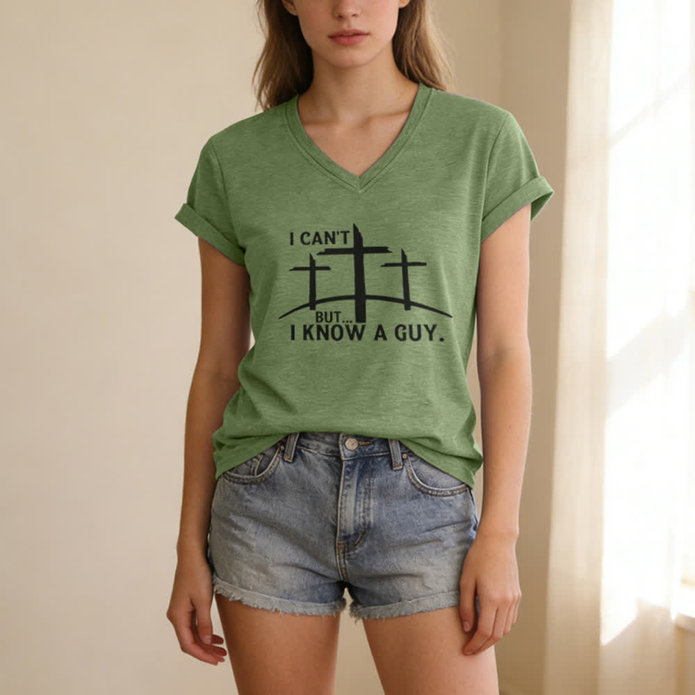 Christianartworkshop „ Ich kann nicht, aber ich kenne einen Kerl“-T-Shirt mit V-Ausschnitt - image 11