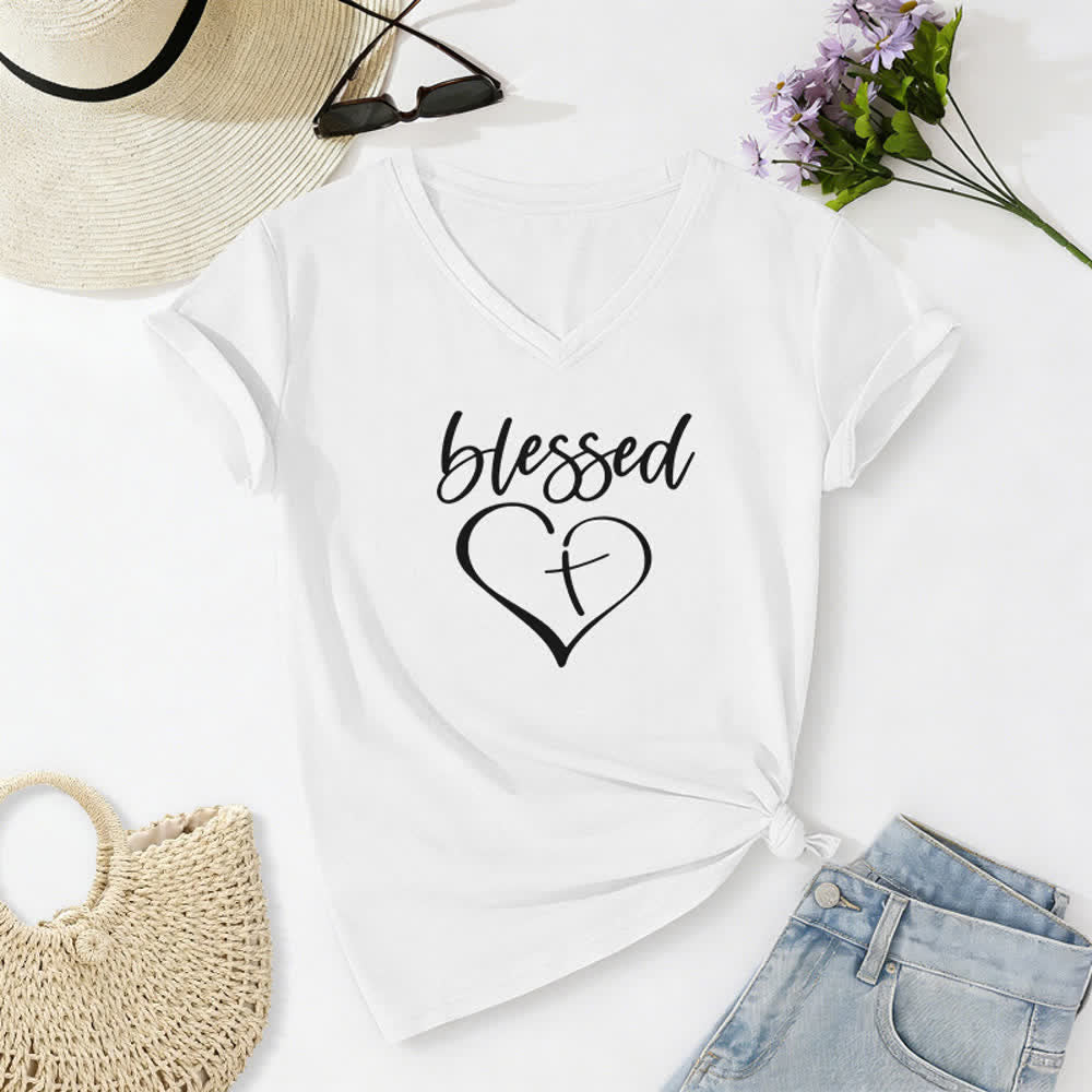 Christianartworkshop Damen-T-Shirt mit V-Ausschnitt und Aufdruck „Gesegnete Liebe, Kreuz, Jesus hat meinen Rücken“ - Weiß - 2XL - image 4