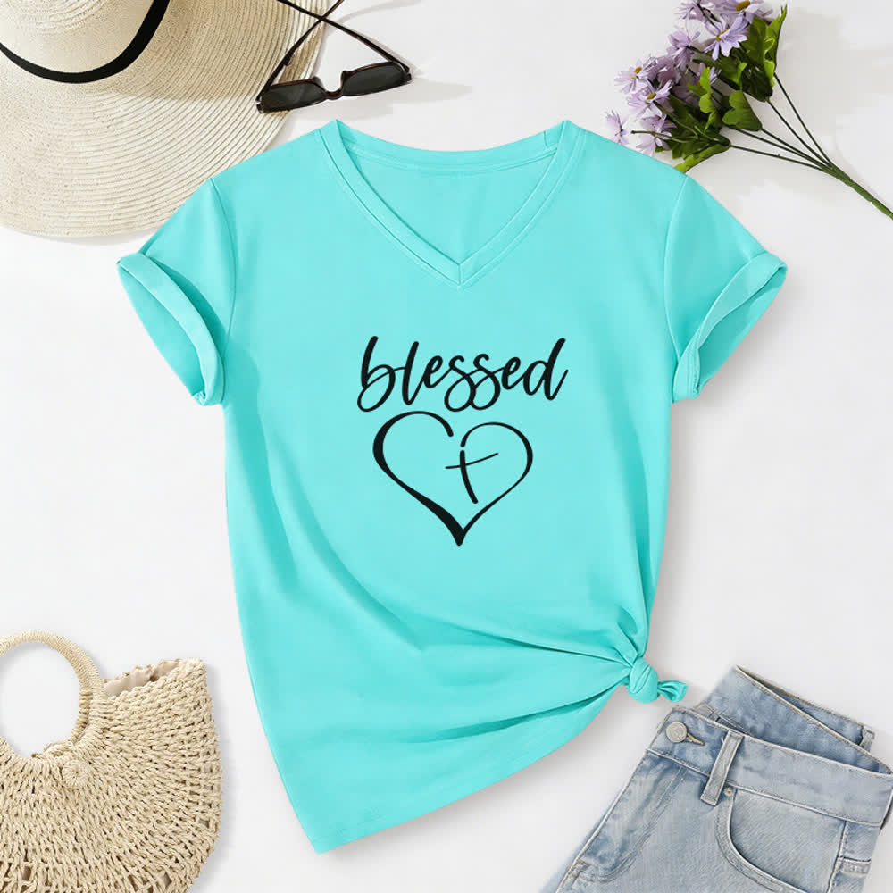 Christianartworkshop Damen-T-Shirt mit V-Ausschnitt und Aufdruck „Gesegnete Liebe, Kreuz, Jesus hat meinen Rücken“ - Himmelblau - 2XL - image 14