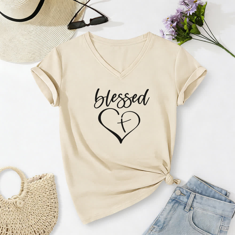 Christianartworkshop Damen-T-Shirt mit V-Ausschnitt und Aufdruck „Gesegnete Liebe, Kreuz, Jesus hat meinen Rücken“ - Beige - 2XL - image 0