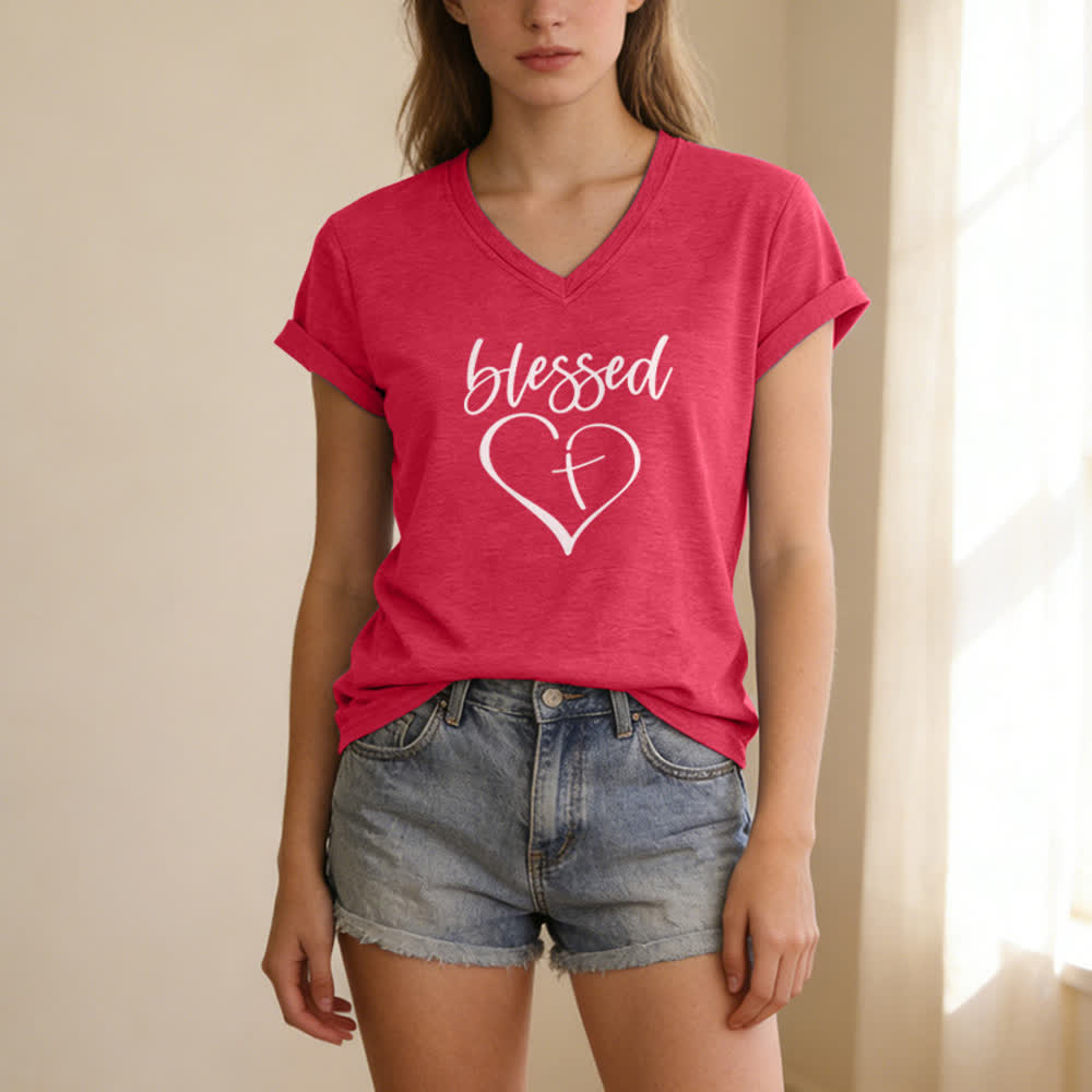 Christianartworkshop Damen-T-Shirt mit V-Ausschnitt und Aufdruck „Gesegnete Liebe, Kreuz, Jesus hat meinen Rücken“ - image 21