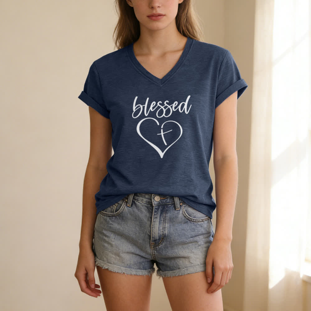 Christianartworkshop Damen-T-Shirt mit V-Ausschnitt und Aufdruck „Gesegnete Liebe, Kreuz, Jesus hat meinen Rücken“ - image 17