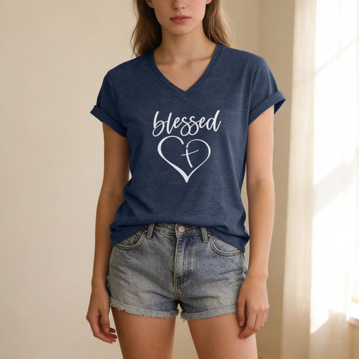Christianartworkshop Damen-T-Shirt mit V-Ausschnitt und Aufdruck „Gesegnete Liebe, Kreuz, Jesus hat meinen Rücken“ - image 17