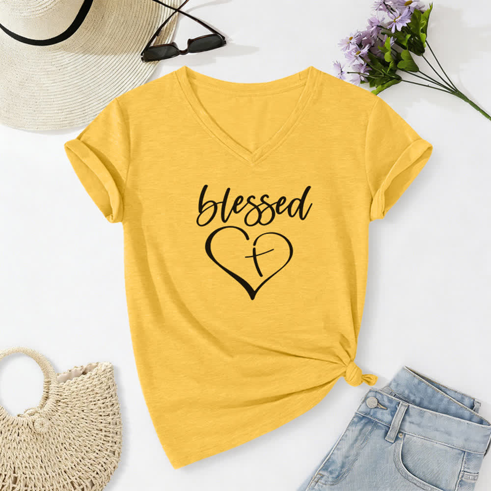 Christianartworkshop Damen-T-Shirt mit V-Ausschnitt und Aufdruck „Gesegnete Liebe, Kreuz, Jesus hat meinen Rücken“ - Gelb - 2XL - image 8
