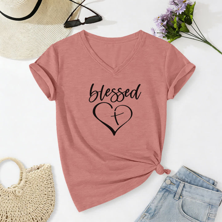 Christianartworkshop Damen-T-Shirt mit V-Ausschnitt und Aufdruck „Gesegnete Liebe, Kreuz, Jesus hat meinen Rücken“ - Hellrosa - 2XL - image 18