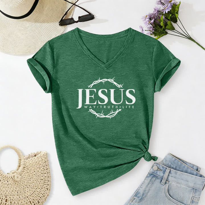 Christianartworkshop Damen-T-Shirt mit Jesus-Print, lässigem V-Ausschnitt - Dunkelgrün - 2XL - image 12