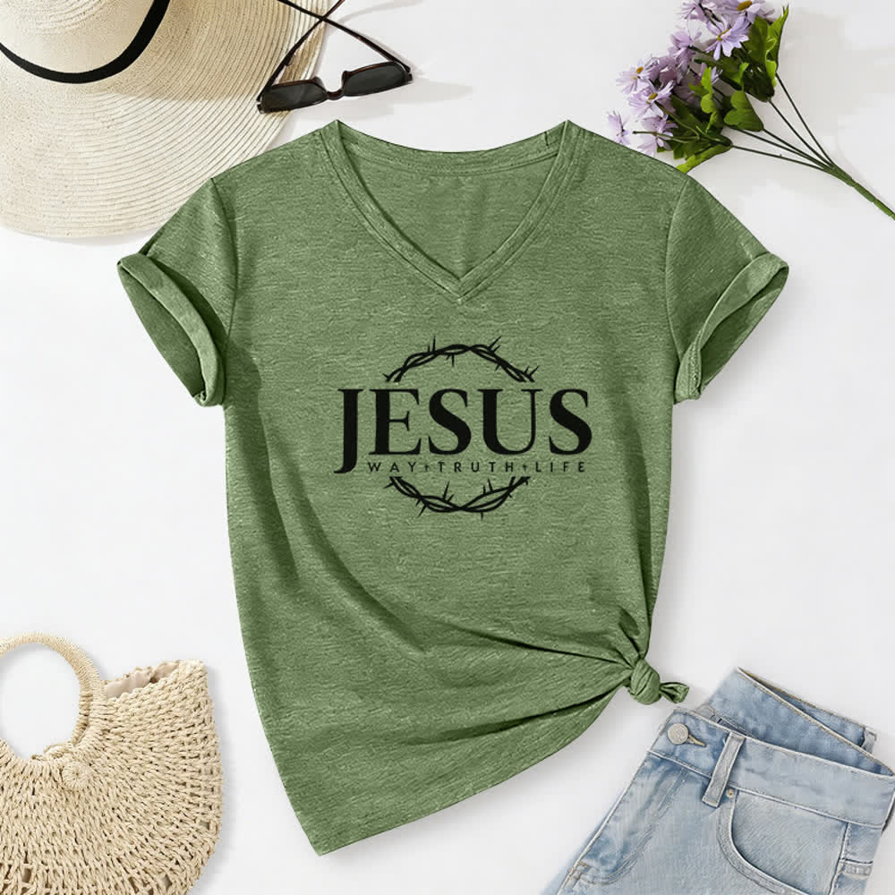 Christianartworkshop Damen-T-Shirt mit Jesus-Print, lässigem V-Ausschnitt - Olivgrün - 2XL - image 10