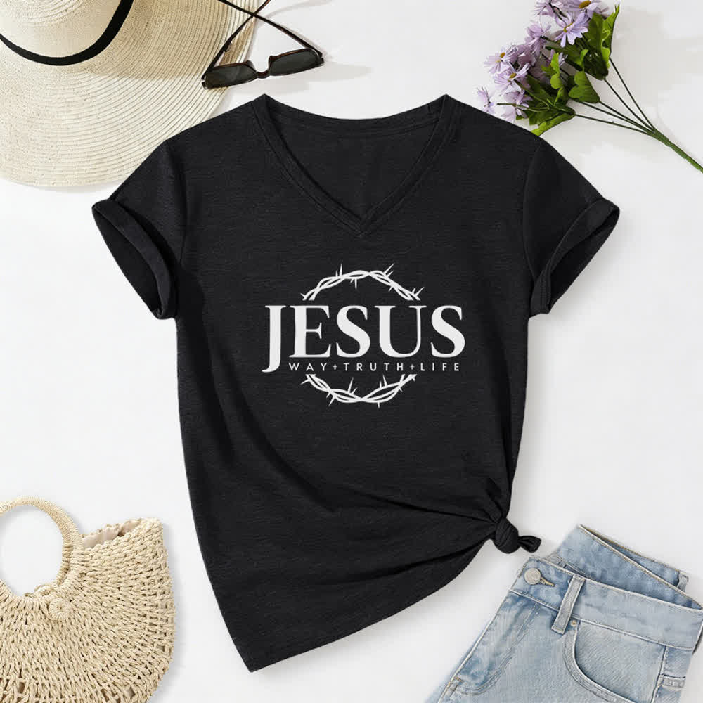 Christianartworkshop Damen-T-Shirt mit Jesus-Print, lässigem V-Ausschnitt - Schwarz - 2XL - image 0