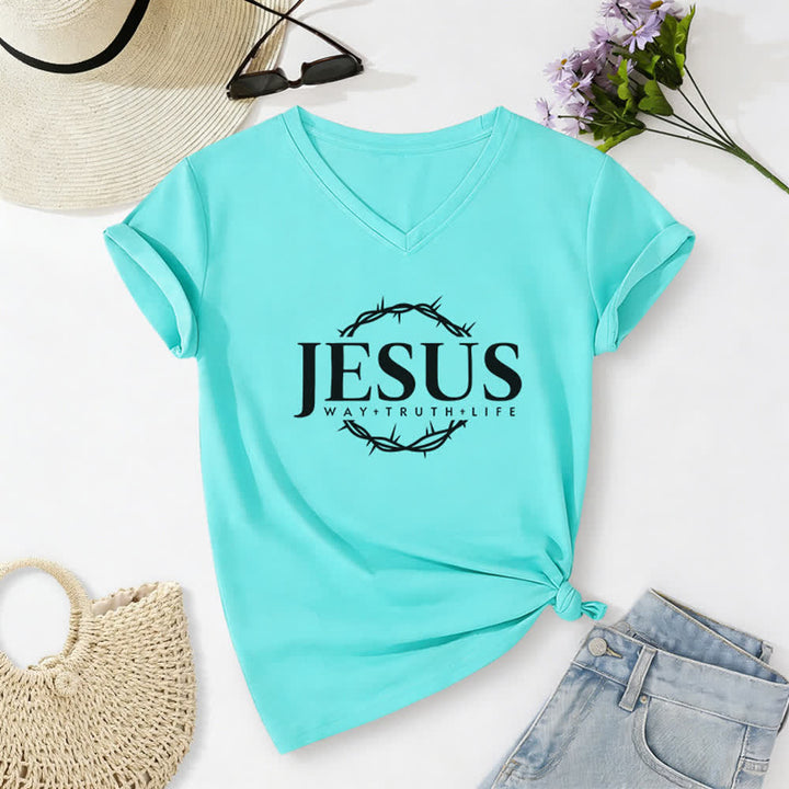 Christianartworkshop Damen-T-Shirt mit Jesus-Print, lässigem V-Ausschnitt - Himmelblau - 2XL - image 14