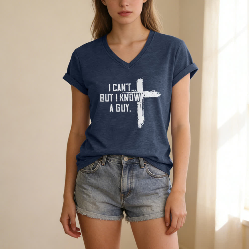 Christianartworkshop Damen-T-Shirt mit V-Ausschnitt und Aufdruck „Ich kann nicht, aber ich kenne einen Mann“ - image 17