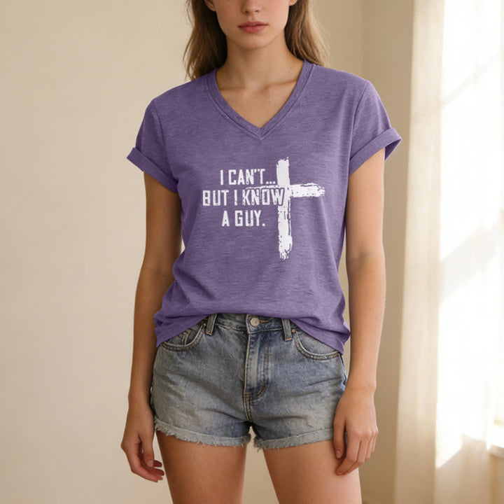 Christianartworkshop Damen-T-Shirt mit V-Ausschnitt und Aufdruck „Ich kann nicht, aber ich kenne einen Mann“ - image 25