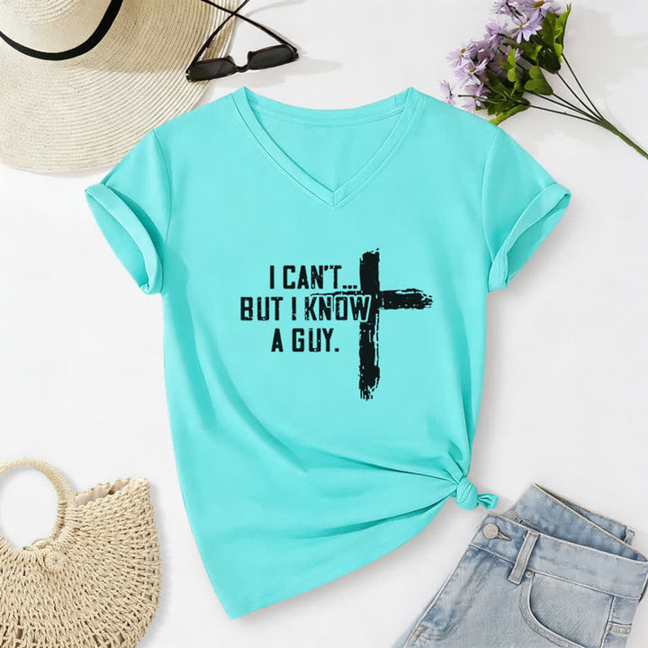 Christianartworkshop Damen-T-Shirt mit V-Ausschnitt und Aufdruck „Ich kann nicht, aber ich kenne einen Mann“ - Himmelblau - 2XL - image 14