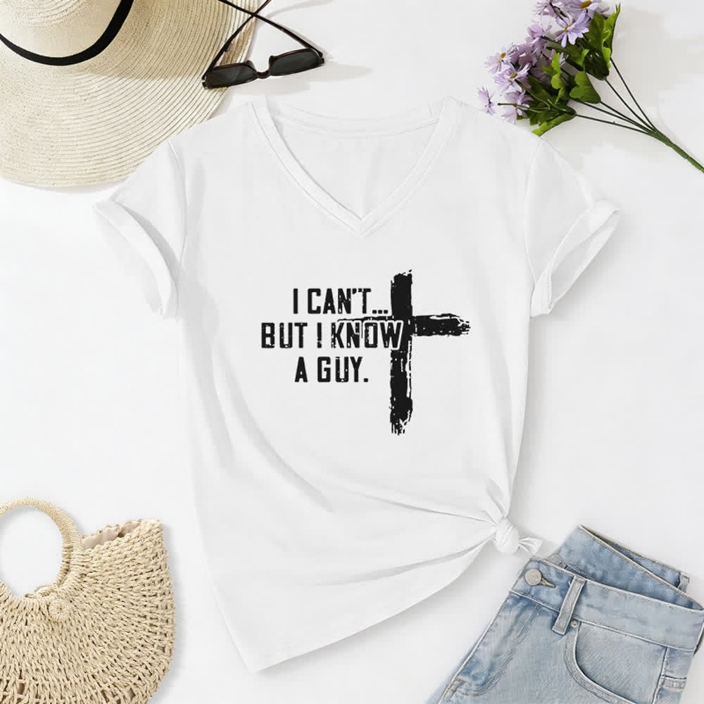 Christianartworkshop Damen-T-Shirt mit V-Ausschnitt und Aufdruck „Ich kann nicht, aber ich kenne einen Mann“ - Weiß - 2XL - image 4