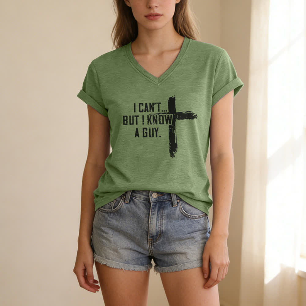 Christianartworkshop Damen-T-Shirt mit V-Ausschnitt und Aufdruck „Ich kann nicht, aber ich kenne einen Mann“ - image 11