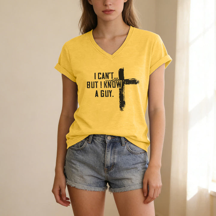 Christianartworkshop Damen-T-Shirt mit V-Ausschnitt und Aufdruck „Ich kann nicht, aber ich kenne einen Mann“ - image 9