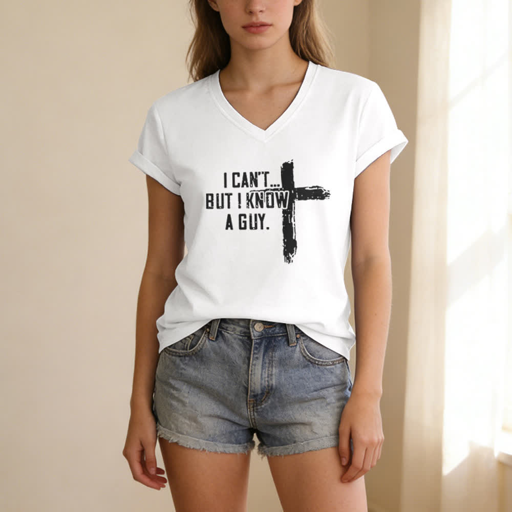 Christianartworkshop Damen-T-Shirt mit V-Ausschnitt und Aufdruck „Ich kann nicht, aber ich kenne einen Mann“ - image 5