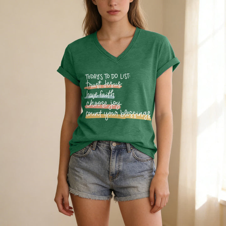 Christianartworkshop Heutige To-Do-Liste: Vertraue Jesus, habe Glauben, wähle Freude – Lässiges V-Ausschnitt-T-Shirt - image 15