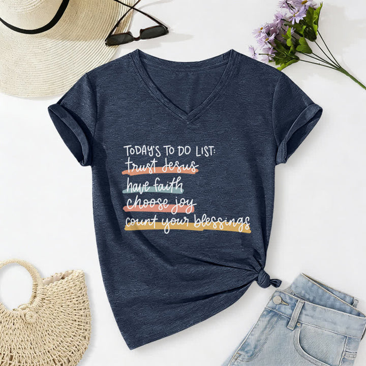 Christianartworkshop Heutige To-Do-Liste: Vertraue Jesus, habe Glauben, wähle Freude – Lässiges V-Ausschnitt-T-Shirt - Marineblau - 2XL - image 0