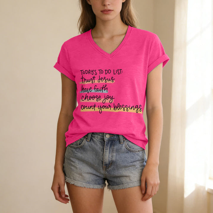 Christianartworkshop Heutige To-Do-Liste: Vertraue Jesus, habe Glauben, wähle Freude – Lässiges V-Ausschnitt-T-Shirt - image 23