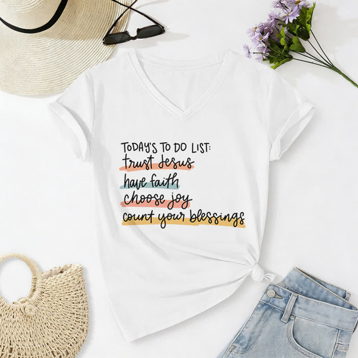 Christianartworkshop Heutige To-Do-Liste: Vertraue Jesus, habe Glauben, wähle Freude – Lässiges V-Ausschnitt-T-Shirt - Weiß - 2XL - image 4
