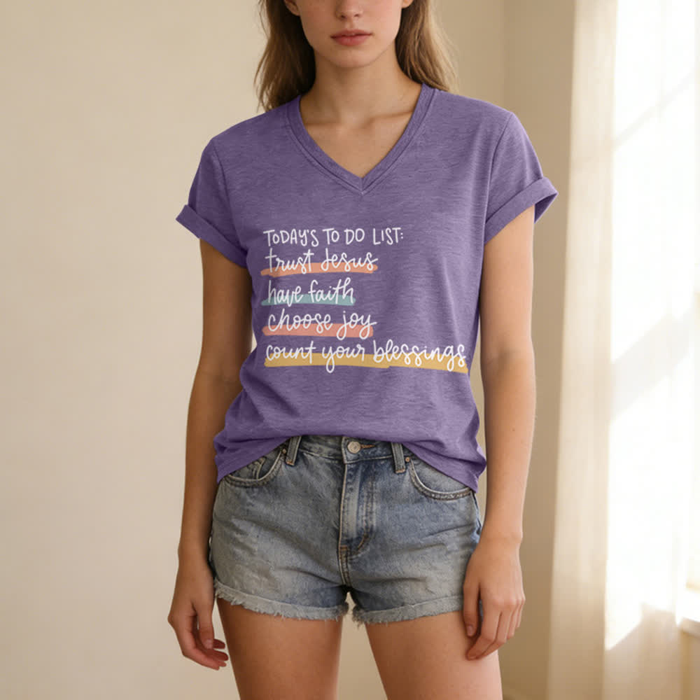 Christianartworkshop Heutige To-Do-Liste: Vertraue Jesus, habe Glauben, wähle Freude – Lässiges V-Ausschnitt-T-Shirt - image 25