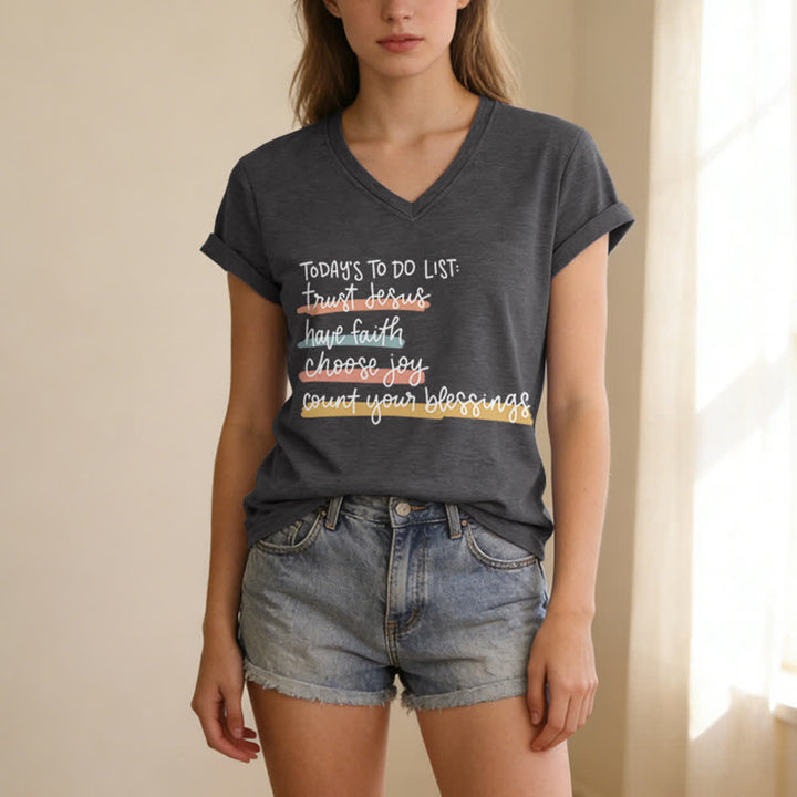 Christianartworkshop Heutige To-Do-Liste: Vertraue Jesus, habe Glauben, wähle Freude – Lässiges V-Ausschnitt-T-Shirt - image 7