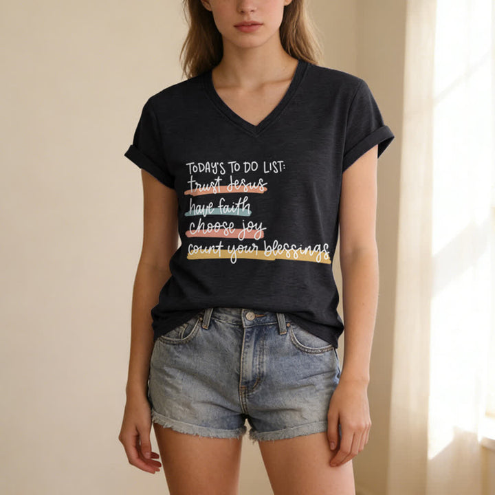 Christianartworkshop Heutige To-Do-Liste: Vertraue Jesus, habe Glauben, wähle Freude – Lässiges V-Ausschnitt-T-Shirt - image 3