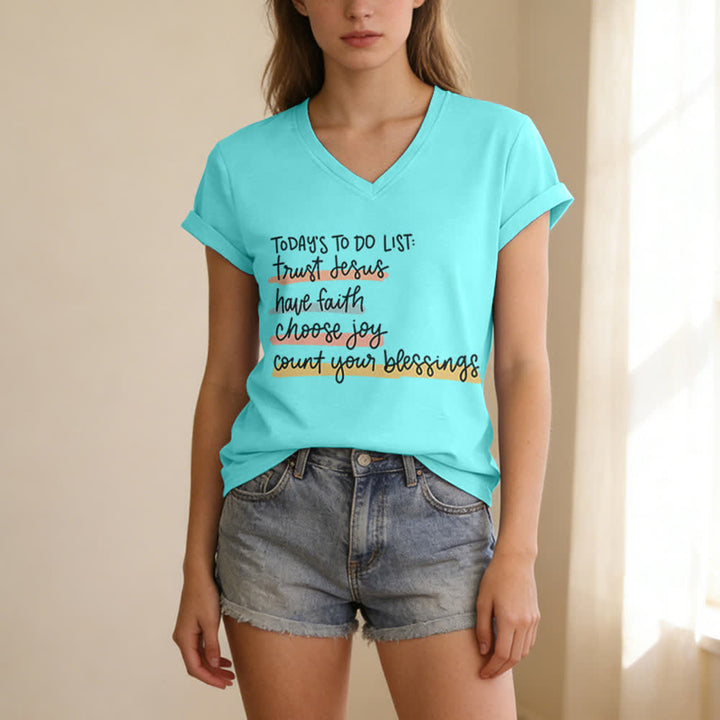 Christianartworkshop Heutige To-Do-Liste: Vertraue Jesus, habe Glauben, wähle Freude – Lässiges V-Ausschnitt-T-Shirt - image 17