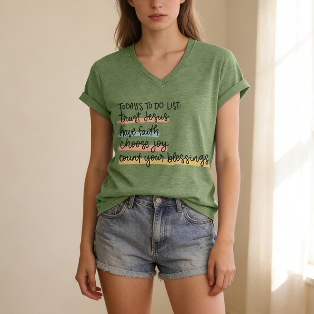 Christianartworkshop Heutige To-Do-Liste: Vertraue Jesus, habe Glauben, wähle Freude – Lässiges V-Ausschnitt-T-Shirt - image 13