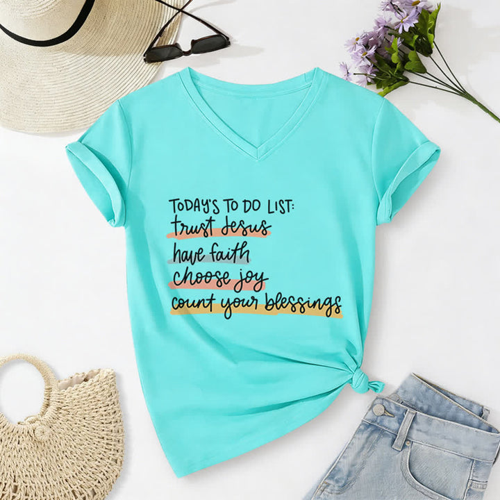 Christianartworkshop Heutige To-Do-Liste: Vertraue Jesus, habe Glauben, wähle Freude – Lässiges V-Ausschnitt-T-Shirt - Himmelblau - 2XL - image 16