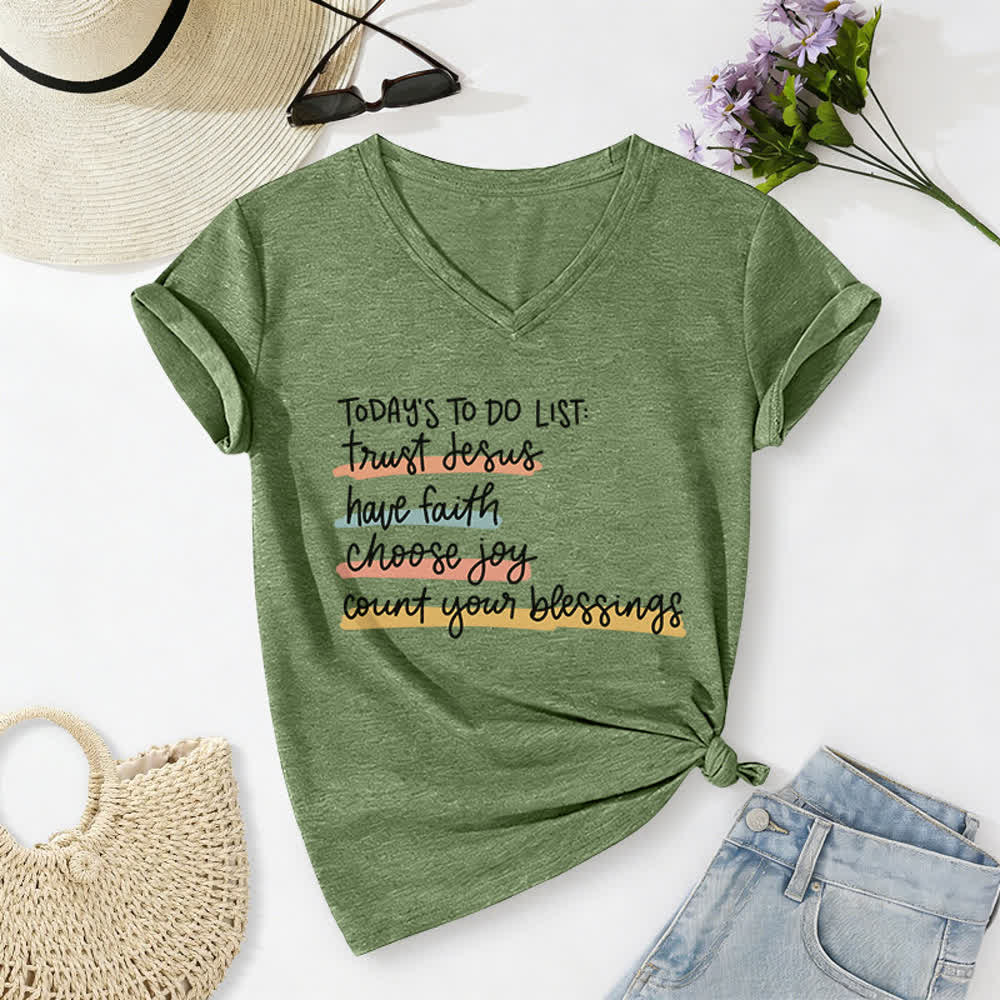 Christianartworkshop Heutige To-Do-Liste: Vertraue Jesus, habe Glauben, wähle Freude – Lässiges V-Ausschnitt-T-Shirt - Olivgrün - 2XL - image 12