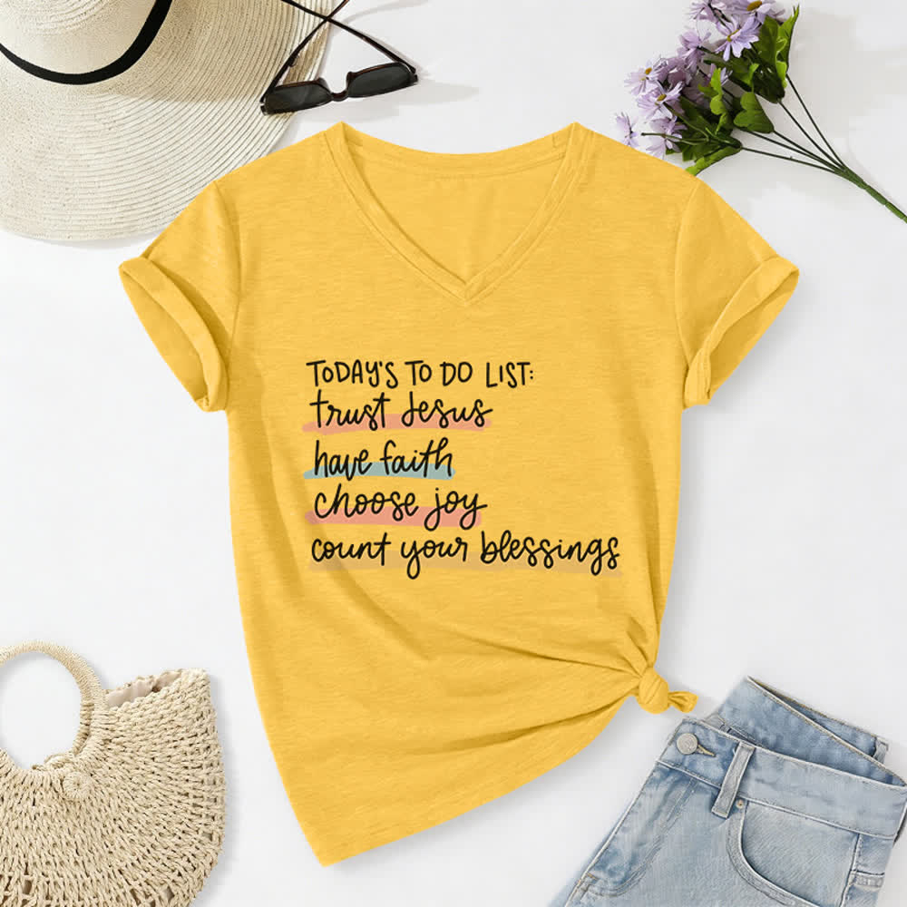 Christianartworkshop Heutige To-Do-Liste: Vertraue Jesus, habe Glauben, wähle Freude – Lässiges V-Ausschnitt-T-Shirt - Gelb - 2XL - image 10